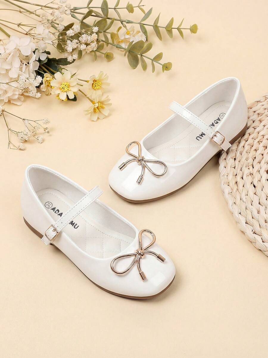 ADAMUMU Girls' New Princess Style Pearl & Flower Decor Cute Bow Pink Glitter Flat Shoes Rainbow Shoes Comfortable & Breathable - White - View 1