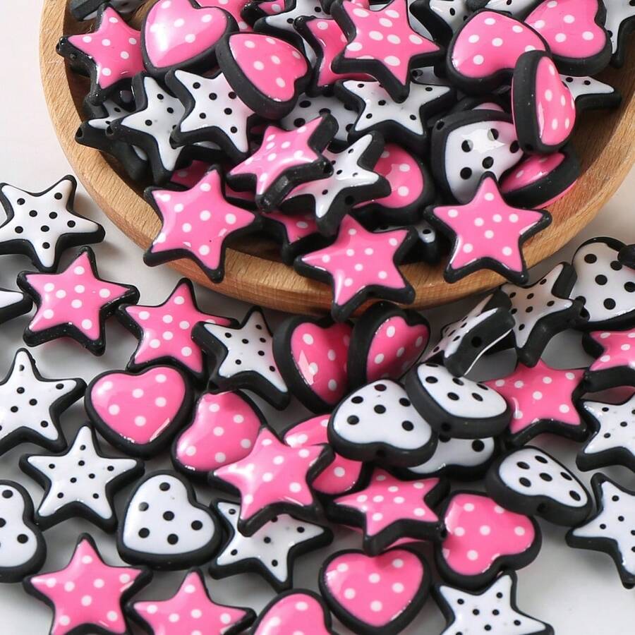10 piezas de cuentas acrílicas con lunares, blancas y rosas con contorno negro con forma de corazón/estrella con estilo de dibujos animados, adecuadas para hacer joyas DIY como pulseras, collares, bolígrafos, colgantes de teléfono, llaveros, accesorios de bolso y proyectos artesanales - Multicolor - Ver 1