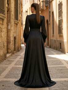 YISIKADO 女士亮片正式晚礼服，深V领长袖，奢华缎面舞会礼服，适合婚礼宾客、伴娘、生日舞会、宴会、毕业派对、舞会、庆典和仪式等场合。 - 彩色 - 查看 3