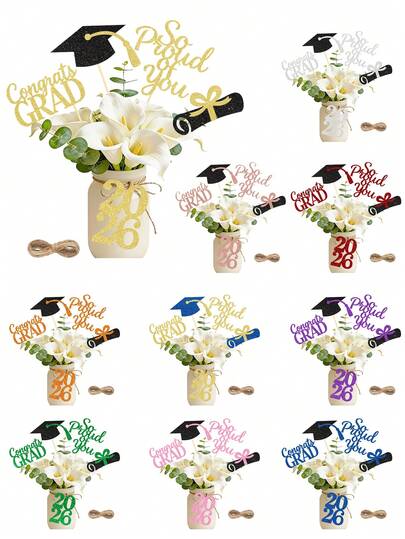5pcs/Set 2026 Graduation Party Vase Decor Props - Includes "So Proud Of You", "Congrats GRAD" Graduation Cap & Diploma Decor Inserts - Suitable For 2026 Graduation Party, Commencement Ceremony Vase Fillers, Tabletop Decorations