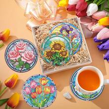 8件套花卉钻石画杯垫套装，圆形亮面钻石，强力背胶，工具齐全，适合初学者，减压手工，新年、情人节、圣诞节、教师节礼物，家居装饰杯垫，送给家人、朋友、女朋友、老师 - 彩色 - 查看 4