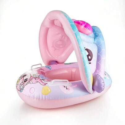 1pc Kids Mermaid Swimming Ring With Canopy, Anti-Tipping Baby Inflatable Pool Float Seat