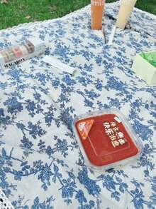 1件装精美蓝白瓷器图案长方形野餐毯 - 母亲节户外编织人造丝桌布，带蕾丝边，适合冬季露营、海滩旅行、摄影背景、野餐配件 - 青花瓷 - 查看 6