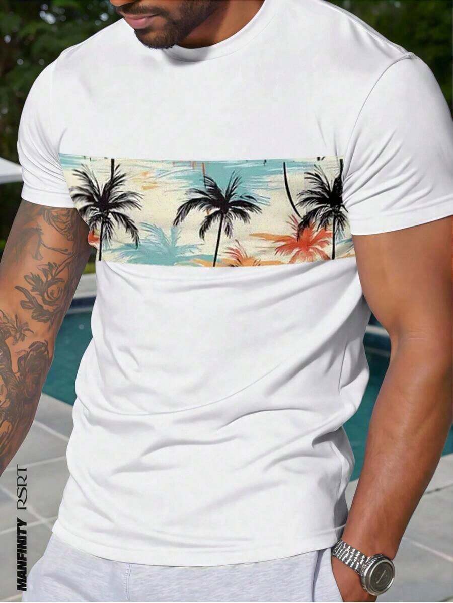 Camiseta de Verano para Hombre Manfinity RSRT, Estampado de Árbol de Coco, Cuello Redondo, Estilo Casual, para Vacaciones - Negro - Ver 1