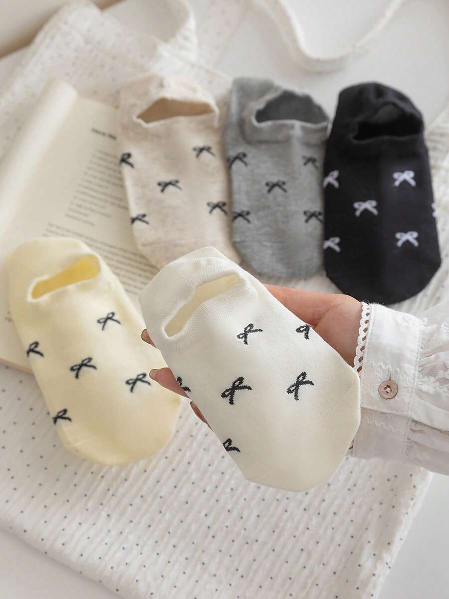 5 đôi tất nữ cổ thấp trong suốt thắt nơ, thích hợp cho mùa xuân/hè, tất trắng đa năng INS Fashion, mềm mại, thoáng khí, không bó sát, phù hợp cho học sinh (Giao hàng ngẫu nhiên) - Nhiều màu - Xem 1
