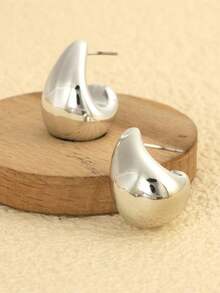 4pcs Metal Water Drop Curved Earrings Set, Gold & Silver Smooth Finish, Hypoallergenic Thick Design, Minimalist & Fashionable, Suitable For Various Outfits - Gold - View 9