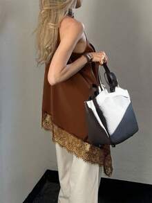 1pc Solid Color Sleeveless Lace Patchwork Asymmetrical Hem Loose Blouse, Suitable For Summer Vacation & Party - Brown - View 2
