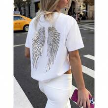 Tenue de soirée avec broderie de sequins en forme d'ailes d'ange, tenue d'été à la mode Y2K pour femmes, tenues de vacances et de plage, t-shirt décontracté à col rond et manches courtes blanc pour femmes - Blanc - Voir 2