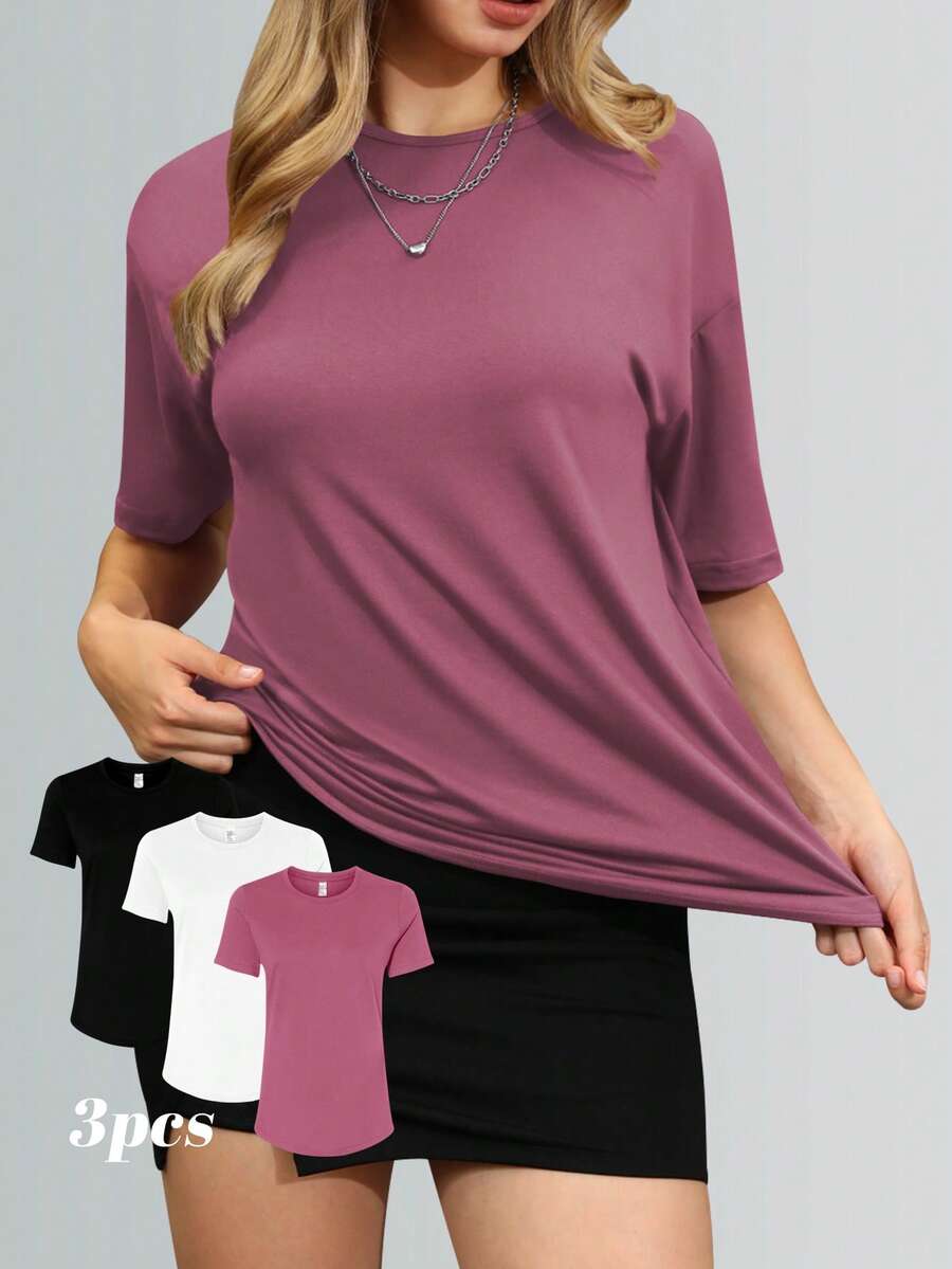 Speed mate 3pcs Women Casual Loose T-Shirts, Round Neck Short Sleeve Basic Sports Tops For Summer - Red Violet - View 1