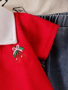 2pcs Baby Girl Fashion Elegant Cherry Embroidery Colorblock Polo Shirt Top And Cherry Embroidery Denim Long Pants Set - Red - View 3