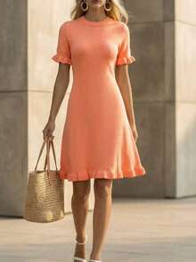 Women's Casual Solid Color Round Neck Ruffle Hem Short Sleeve Knit Dress, Suitable For Spring And Autumn Summer - Coral Orange - View 5
