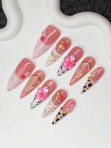 10pcs/Set Handmade Almond-Shaped Y2K Baddie Style Press-On Nails, & Pink Colors With French Tips, Cow Print, Zebra Print, Carved, Seahorse,, Asymmetrical Metal, Small Flower, Steel Ball Elements, Suitable Women And Girls, Party, Dance, Daily Wear, Includes Kit, Can Be Ladies Nail Supplies Handmade Press On Nails - Nhiều màu - Xem 6