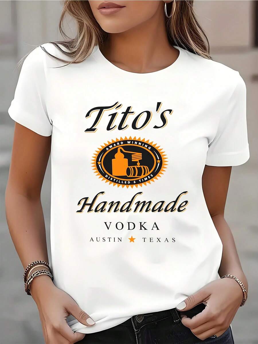 Women's Tito's Handmade Vodka Logo Print Round Neck Short Sleeve T-Shirt Casual Wear For Everyday And Party Comfortable Fabric Suitable For Gift 220g - 白色 - 查看 1