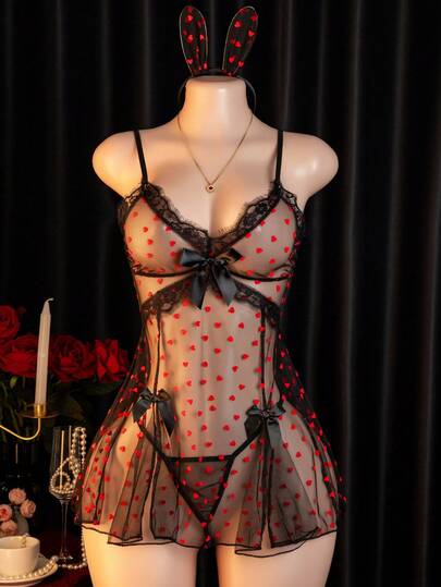 Conjunto de lencería sexy para mujer: Vestido camiseta transparente, conjunto de lencería exótica - Vestido + Tanga + Diadema