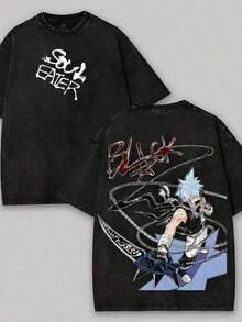 Soul Eater - Black Star Anime Washed T-Shirt, Double-Sided Cotton, Unisex Design, Japanese Manga Merchandise,  T-Shirt, Retro Black, Retro Streetwear2026 Soft Fabric - màu đen - Xem 1