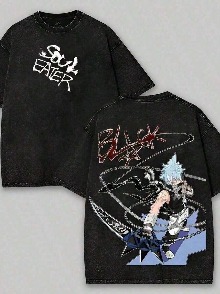 Soul Eater - Black Star Anime Washed T-Shirt, Double-Sided Cotton, Unisex Design, Japanese Manga Merchandise,  T-Shirt, Retro Black, Retro Streetwear2026 Soft Fabric - màu đen - Xem 1