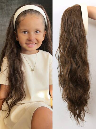 Tóc giả nửa đầu 20 inch cho trẻ em, màu trắng ngà, kiểu tóc gợn sóng lớn, phụ kiện tóc cho tiệc tùng và sử dụng hàng ngày.