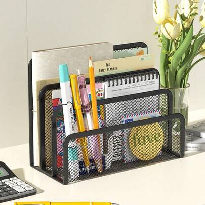 Metal Three Layers Mesh Table File Rack Multi-Functional Mail Holder Desktop Storage Stand Rust-Proofing Magazine Document Organizer