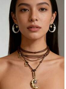 Bộ 1 dây chuyền và bông tai bằng dây sáp nhiều lớp hình ngôi sao và mặt trăng phong cách Bohemian cổ điển dành cho nữ, dây chuyền kiểu Gothic Y2K có thể điều chỉnh, phụ kiện thiết kế độc đáo. - Dây chuyền + Hoa tai - Xem 1
