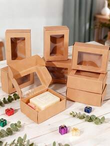 10pcs Rectangular Brown Kraft Paper Boxes With Clear Window, Suitable For Wedding Party Favors, Pastries, Valentine's Jewelry Gifts, Handmade Soap Packaging, Mini Kraft Paper Boxes With Window For Pastries, Candies, Handmade Soap Gift Packaging - Box - View 1