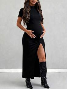 Parara 优雅休闲黑色孕妇连衣裙，V 领短袖修身 A 字长裙，夏季款 - 黑色 - 查看 2