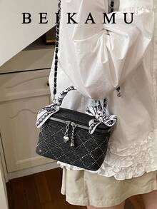1pc BEIKAMU Rhombus Pattern Handbag Box Design, Makeup Coin Purse, Elegant Chain Shoulder Crossbody Bag - Black - View 4