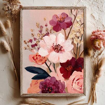 1 stuk frameloze canvasprint in boho bloemen olieverfschilderijstijl, moderne abstracte muurposter met roze bloemen, esthetische woondecoratie voor woonkamer, slaapkamer of studentenkamer.