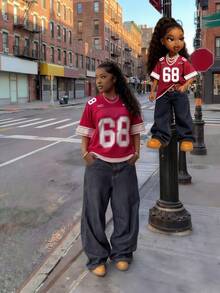 Áo thun thể thao cổ chữ V kiểu Âu và Mỹ, in họa tiết nổi bật số "68", được làm từ vải polyester co giãn, thoáng khí và bền. - Màu Hồng Tươi - Xem 4