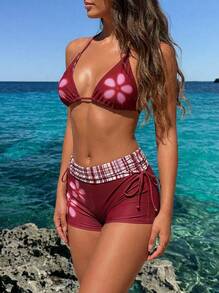 Sultry Sol 2026春夏新款深红色两件式比基尼套装，印花图案，弹力面料，性感时尚设计，热门海滩度假装扮，女性必备单品 - 深紅色 - 查看 1