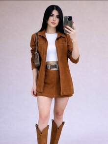 Women's Set Long Sleeve Shirt And Marrant Skirt Sensory Boho Casual Cute Luxury Elegant - 駝色 - 查看 2