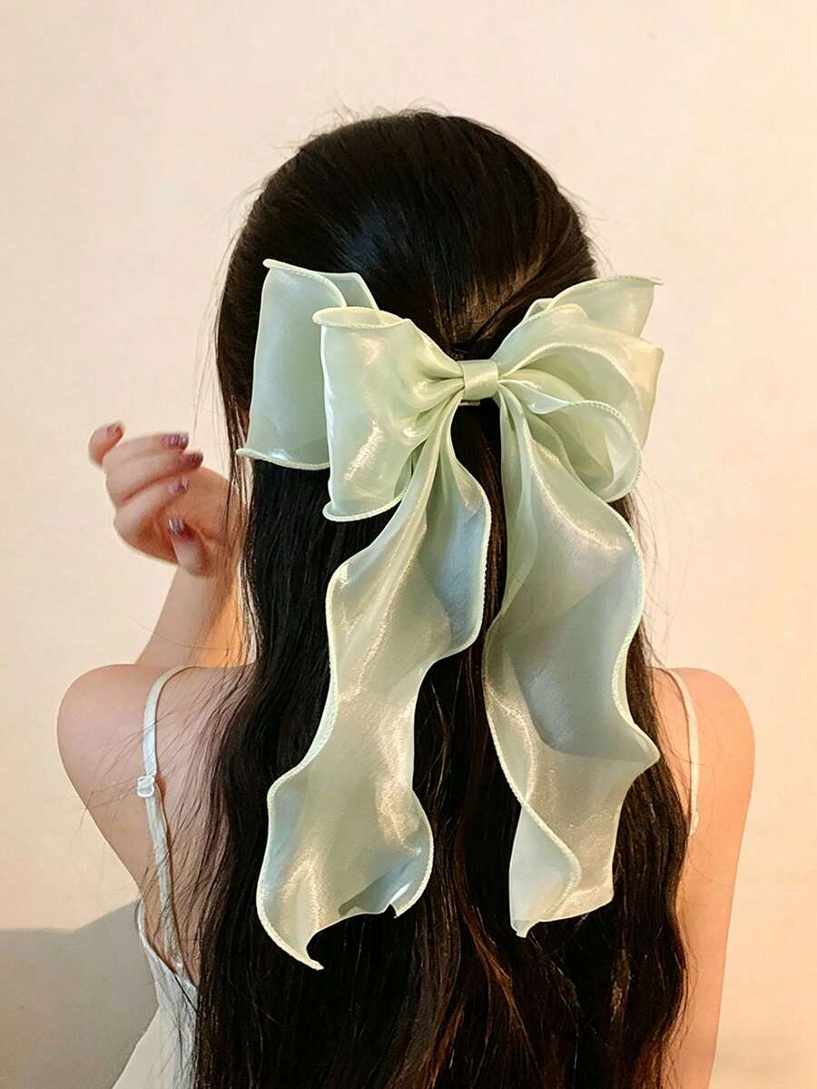1pc Sweet Green Princess Mesh Super Big Bow Wave Ribbon Spring Clip, Elegant Soft Partial Hair Clip Hair Accessory For Spring,Summer,Holiday,Travel, Head Accessories, Claw Clips - Green - View 1