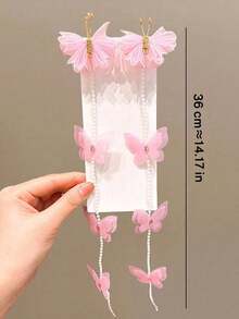 2pcs Pink Pearl Butterfly Braided Hair Chain Hair Clips, Suitable For Girls, Super Fairy Sweet Tassel Braided Hair Ties, Suitable For Girls Hair Clips, Princess Hair Accessories (Paper Card For Display Only) - Multicolor - View 9
