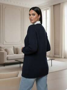 Cardigan casaco inverno feminino tranças blusa de frio elegante tricot - Azul Marinho - Visão 3