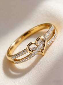 1 pièce Bague décorative en cristal en forme de cœur élégante, convenant pour le port quotidien des femmes, les fêtes, les banquets, les festivals et autres occasions - Doré - Voir 6