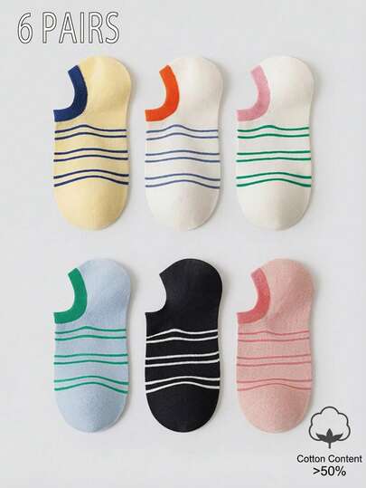 6 đôi tất cổ ngắn kẻ sọc phối màu | Chất liệu pha cotton, nhẹ và thoải mái cho mọi mùa