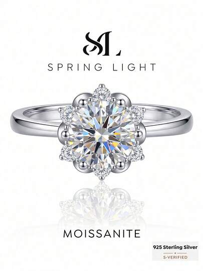 1 ct Bague de fiançailles en forme de fleur avec diamant moissanite rond de couleur D, bague de mariage éternelle minimaliste et romantique en argent sterling 925, bijou de luxe, cadeau d'anniversaire pour elle
