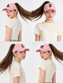 1 pieza Gorra de béisbol con coleta desordenada ajustable de 26 letras para mujer, gorra de béisbol con coleta alta para mujer, sombrero de sol de moda, adecuado para verano, playa y deportes, vacaciones, viajes - Rosa - Ver 3