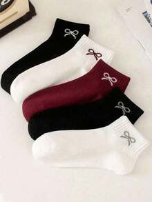 1/5 Paia di calzini corti da donna neri, bianchi, bordeaux multicolore con fiocco e polsino a costine, traspiranti, dolci e casual, adatti per uso quotidiano, casa e pendolarismo, tessuto confortevole, alla moda, sportivi, stile Ins, essenziali per le uscite quotidiane, adatti per esterno e interno, calzini semplici e interessanti, regalo per le vacanze, imperdibili per le foto, mix casuale - Multicolore - Visualizzare 3