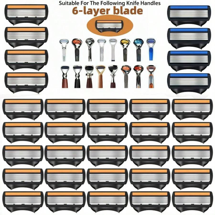 Maquinilla de afeitar con 6 capas de cuchillas, maquinilla de afeitar manual para hombres, kit de cuchillas, soporte, mango para el afeitado y eliminación del vello facial y barba compatible