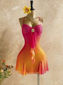 Women's Vacation Mini Dress With Sunset Ombre, Ruffle Trim, And Metallic Floral Decor, Suitable For Beach, Cruise, City, Holiday, Date, Afternoon Tea, Music Festival, Boho, All Seasons, Everyday Wear Swimsuit Dress For Women Beach Outfits For Woman, Short Beach Dress,Beach Cruise Vacation Set, Casual Vacation Outfit, Beach Vacation Outfit,Island Vacation Outfit,Party Outfit,Retro Dress,Retro Outfit, Music Festival Outfit,Boho Vacation,Valentine's Day Outfit,Beach Cruise Vacation Outfit ,Summer Dress,Beach Vacation Outfits For Women - 亮橙色 - 查看 9