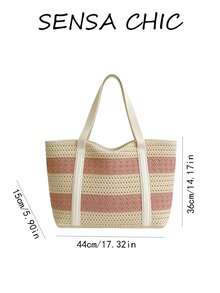 Bolso de hombro de paja tejida a rayas, bolso de tela casual, bolso de hombro de gran capacidad con correas anchas y diseño a rayas. Perfecto para viajes a la playa, compras, salidas y tareas diarias. Adecuado para estudiantes, damas de oficina y madres, textura ligera y transpirable que transmite un ambiente relajado y veraniego - Multicolor - Ver 4