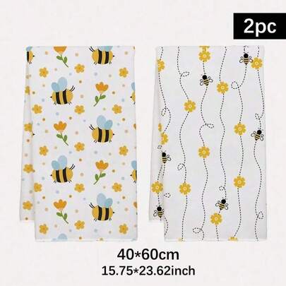 2pcs Bee-Themed Kitchen Towels With Cute Bee & Honeycomb Patterns - Rectangular Dishcloths & Tea Towels Suitable For Dishwashing, Cleaning, Decor - Modern Farmhouse Bee Decorations - Fabric 15.7x23.6 Inches