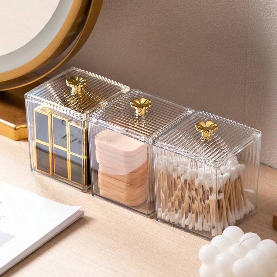 Bộ 3 hộp đựng bông tẩy trang và tăm bông bằng acrylic có nắp đậy, hộp đựng cọ trang điểm và son môi trong suốt chống bụi, hộp đựng mỹ phẩm đa năng dùng trên bàn trang điểm và phòng tắm, hộp đựng đồ dùng nhỏ trên bàn làm việc. - Trong sáng - Xem 1