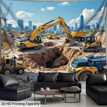 2D Design, [2D Printed] 1 Vivid Construction Site Tapestry - 100% Polyester; Featuring A Construction-Themed Style With Excavators And Bulldozers, Perfect For Decorating Young People's Rooms, Birthday Parties, And Photography Studios. - 1PC - View 9