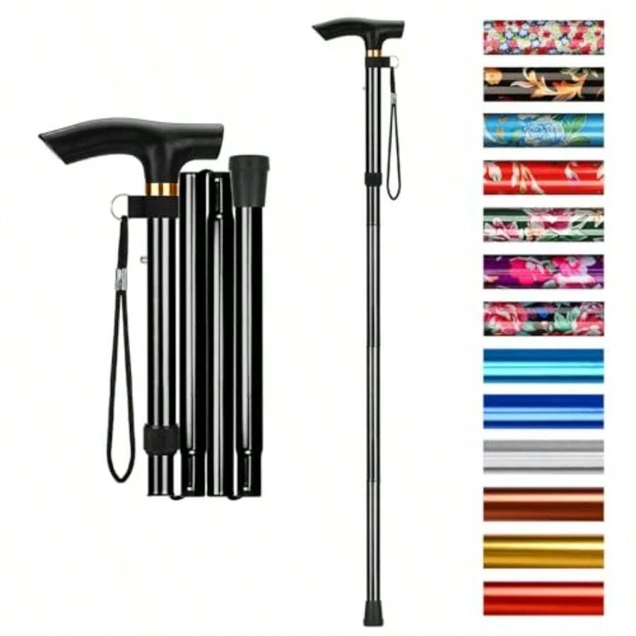 Folding Cane - Adjutable Height Walking Tick Lightweight Collapible Pable Travel Cane With Writ Trap And T Handle For Elderly Diabled Men Wen - Black - View 1
