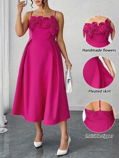 Vestido elegante de unicolor para mujer de talla grande, diseño floral 3D hecho a mano, vestido de fiesta elegante con cremallera en la espalda, bajo con volantes/fruncido, adecuado para cena formal, fiesta, gala, vacaciones, uso diario, boda