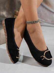 2026 New Spring Metal Buckle Elegant Shoes For Women, Influencer Same Style Commuter Casual Shoes, European And American Soft Bottom Non-Slip Comfortable Shoes, Versatile Low Vamp Shoes Suitable For Daily Shopping, Commuting, Dating. Exquisite Metal Buckle Decoration, Velvet Material Soft And Skin-Friendly, Shallow Design Flatters The Foot Shape, Soft Bottom Comfortable For Long Wear, Easily Create A Refined And Elegant Commuter Look. - Black - View 3