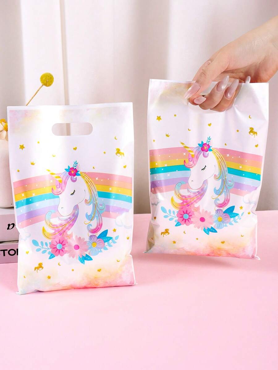 10/20/50 Stücke Regenbogen Einhorn Geschenktüten, Blumen Einhorn Design Plastik Geschenkverpackungstüten mit Griffen, perfekt für Mädchen Einhorn Thema Erste Geburtstags Party Zubehör, Baby Dusche Leckereientüten - Verschiedenfarbig - Übersicht 1