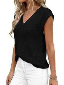 Women's Knit Sweaters Vest Lightweight Spring Cap Sleeve V Neck Tank Tops Summer Going Out Outfits - Black - View 3