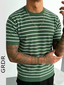 GRDR Men's Summer Knit Short Sleeve Shirt, Striped Fashion Short Sleeve, Suitable For Summer Casual Gatherings, Essential Fashionable Item - Green - View 3